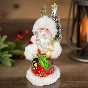VTG Hand Blown Glass Santa Claus Christmas Ornament Victorian Fur Coat Tree 6"